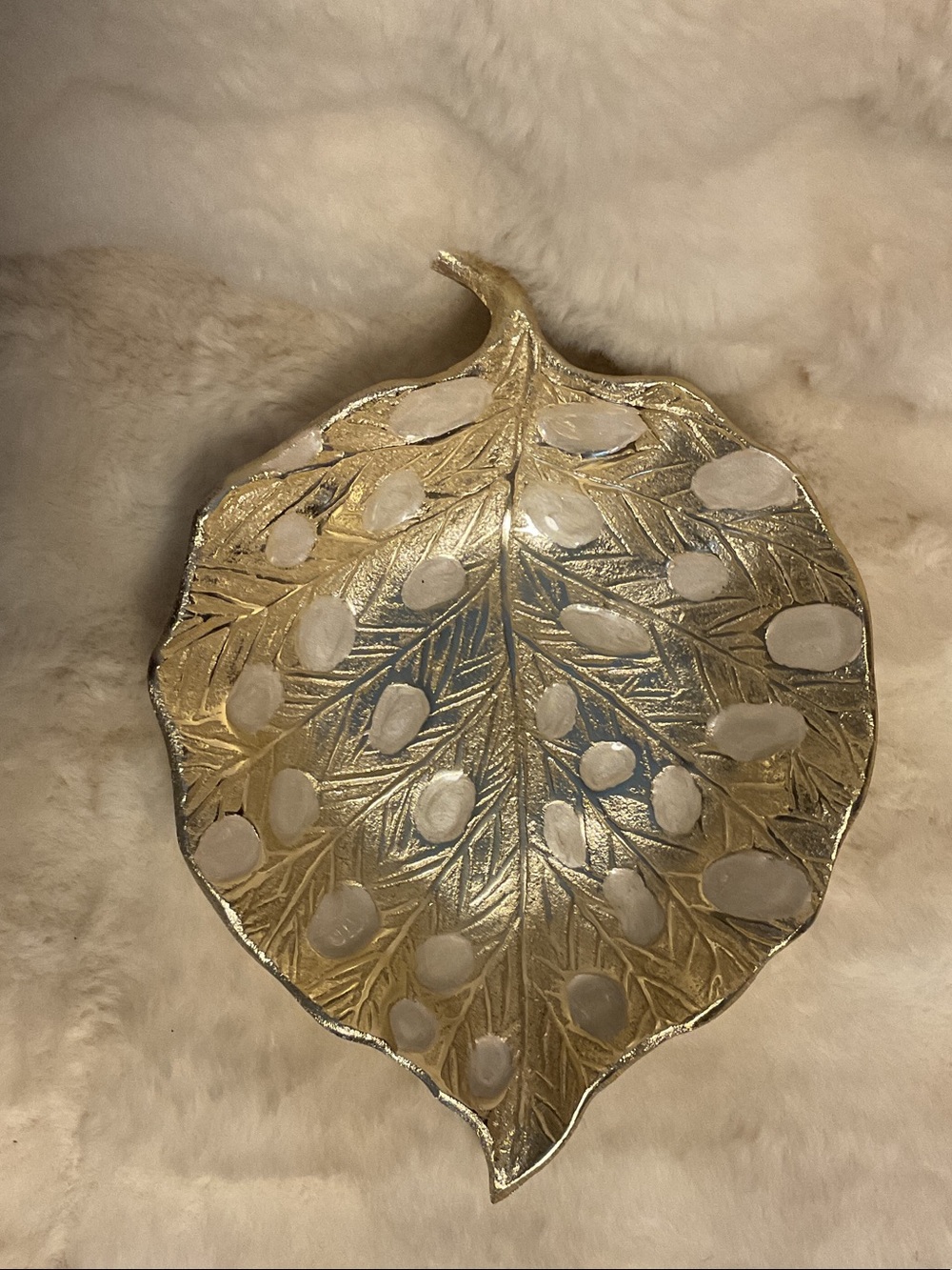 Made In India Gold Leaf-Shaped Decorative Tray With Opal Accents